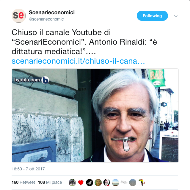 LA CENSURA AVANZA: You Tube tappa la bocca ad Antonio Rinaldi. E’ gravissimo!