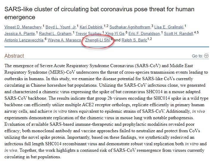 Articolo di Zhengli-Li Shi su Coronavirus