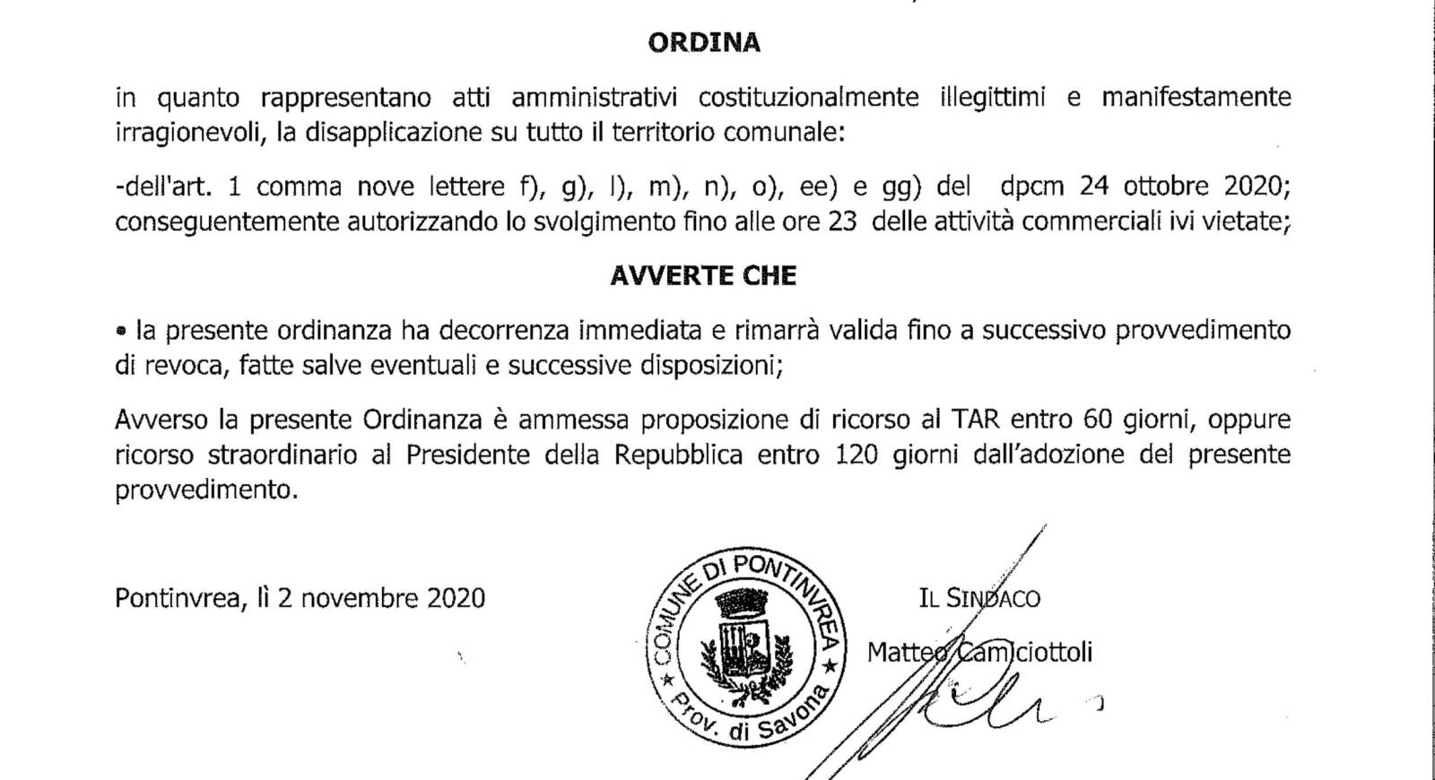 Pontinvrea, l'ordinanza del sindaco contro il Dpcm: "Bar e ristoranti riaperti sino alle 23"