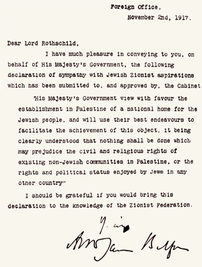 Lettera di Arthur James Balfour a Lord Rothschild