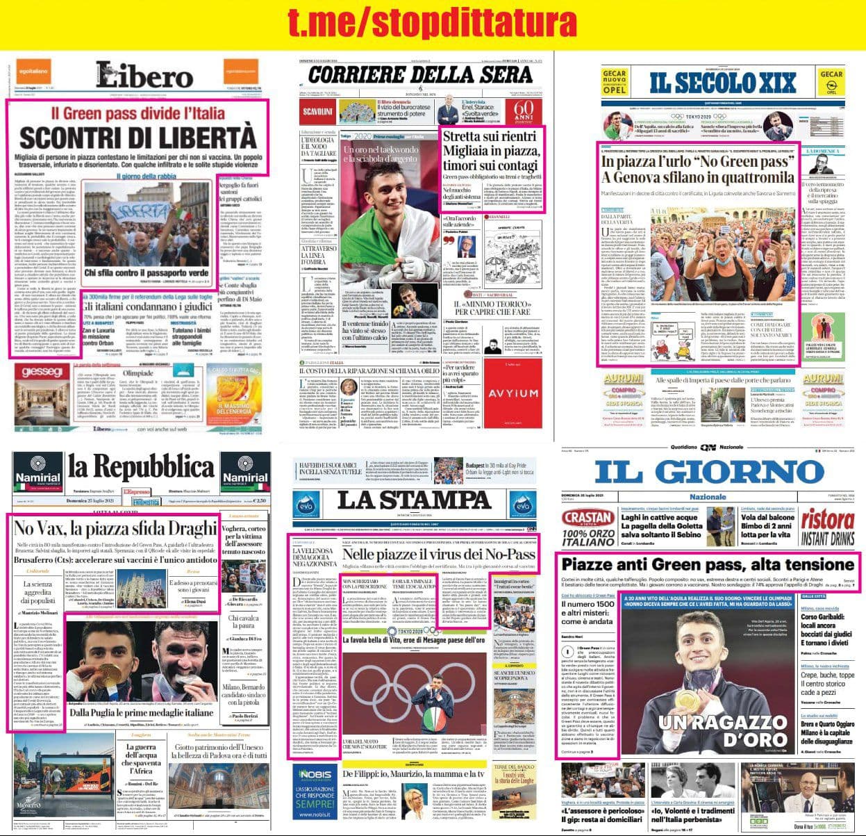 prime pagine giornali manifestazioni no green pass 24 luglio 2021