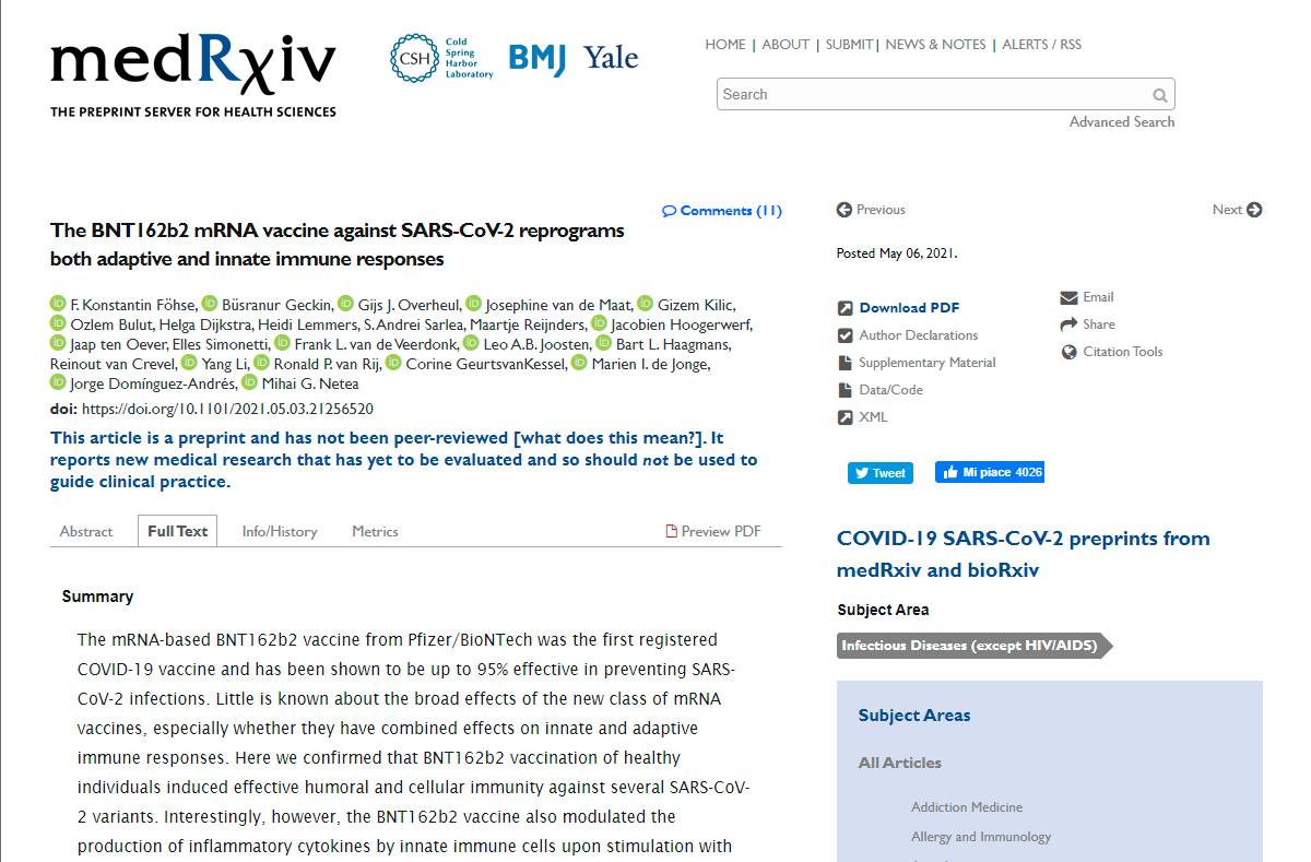 Frontespizio dello studio in fase di pre-print, cioè prima della peer review.