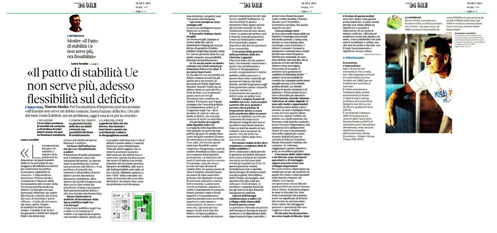 Warren Mosler, intervista pubblicata da “Il Sole 24 Ore”, sabato 18 settembre 2021.