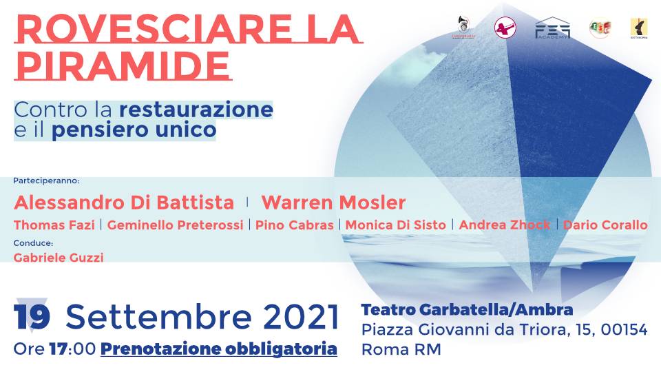 Locandina dell’appuntamento con Warren Mosler di domenica 19 settembre 2021 a Roma