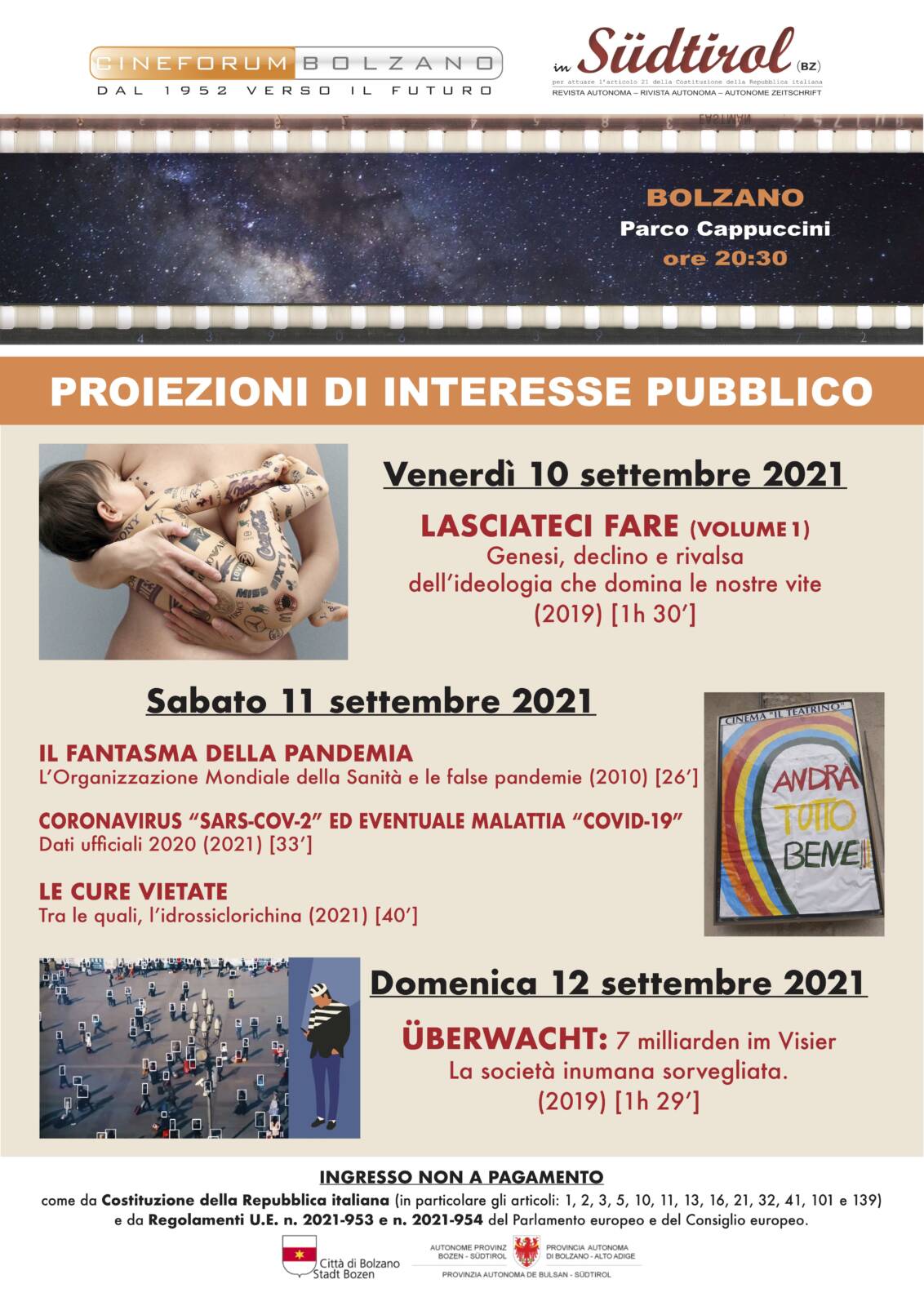 Locandina delle proiezioni cinematografiche bolzanine.
