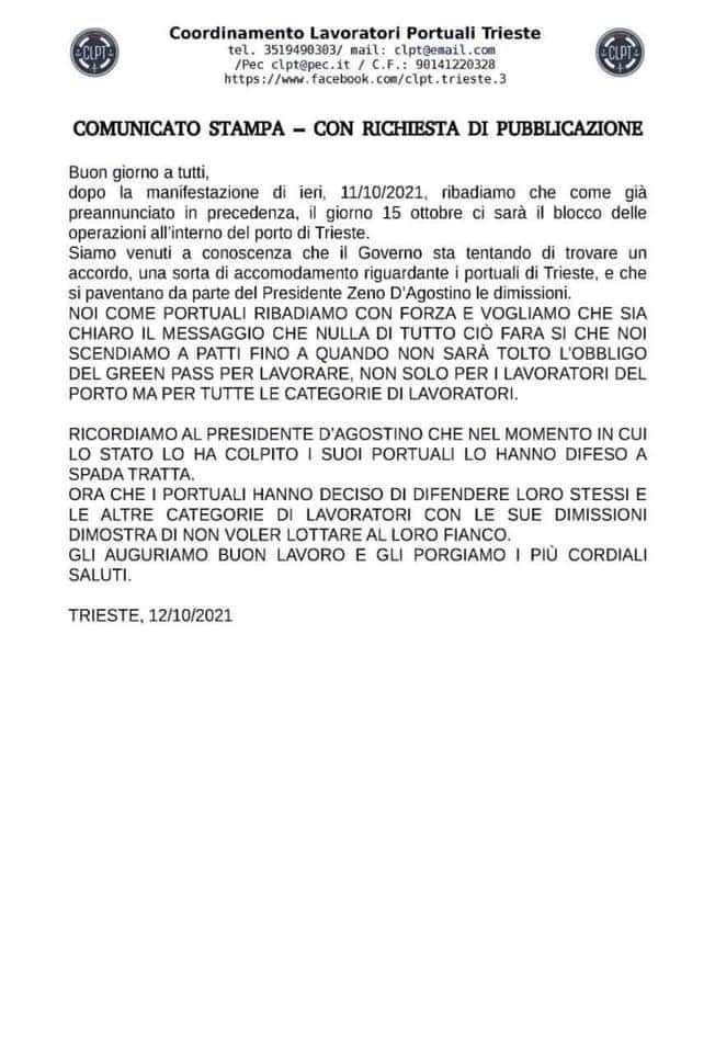 Comunicato stampa portuali Trieste