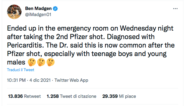 Ben Madgen messaggio su Twitter
