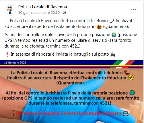 Polizia locale di Ravenna comunicato 10 gennaio 2022
