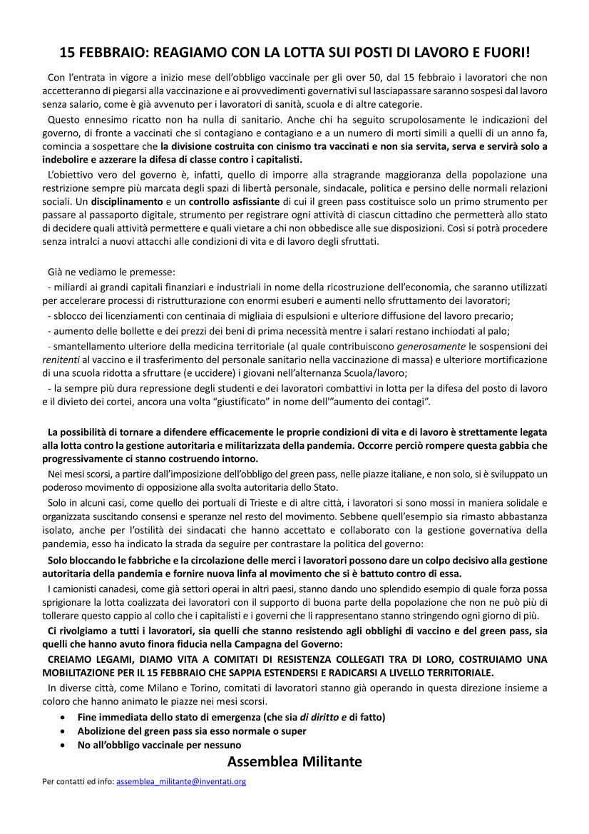 Assemblea Militante 15 febbraio sciopero