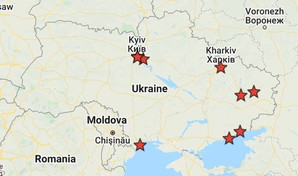 Città interessate dai bombardamenti russi in questo momento