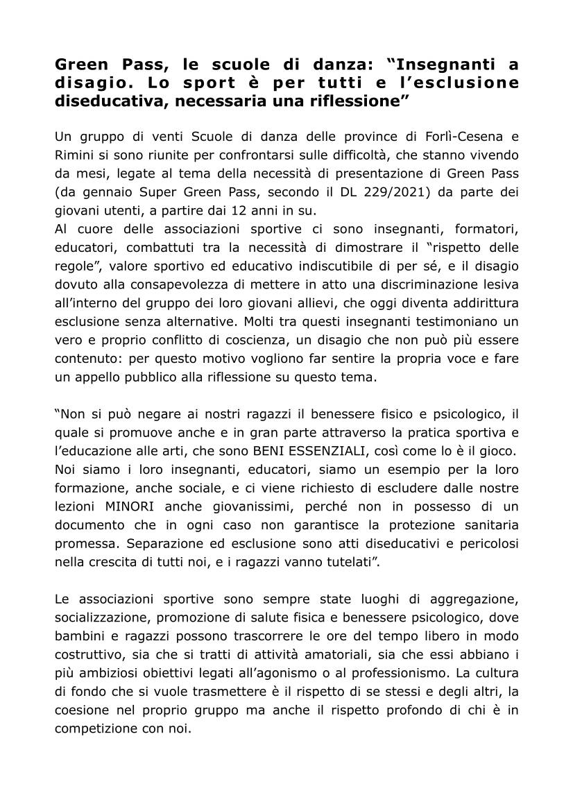 Comunicato stampa scuole di danza