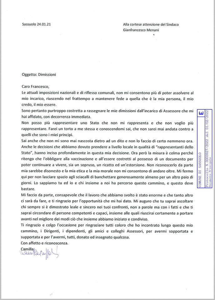 Lettera di dimissioni vicesindaco di Sassuolo