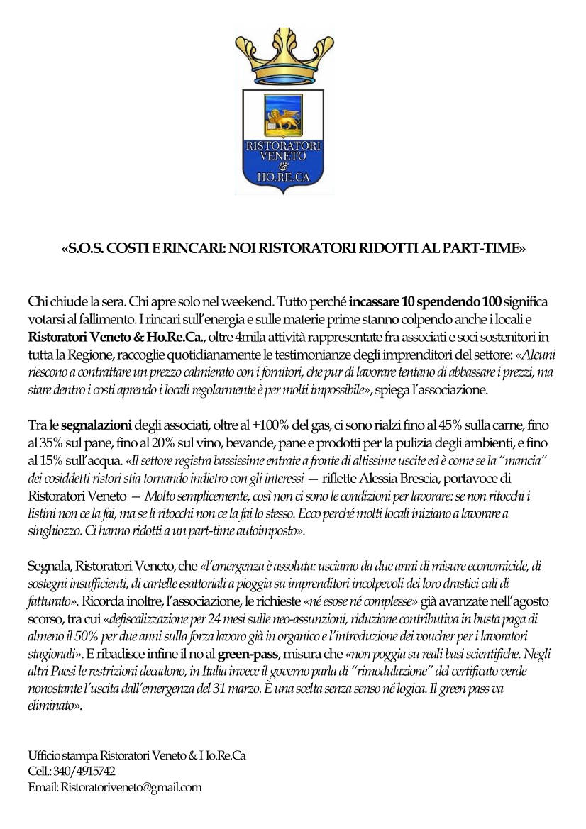 Ristoratori Veneto S.O.S. Costi e Rincari