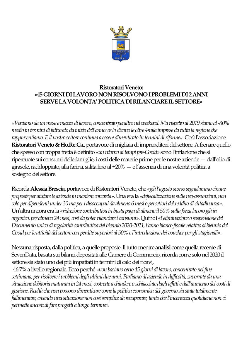 RISTORATORI VENETO 45 GIORNI DI LAVORO NON RISOLVONO I PROBLEMI DI 2 ANNI