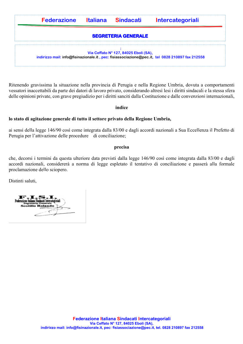 FISI stato di agitazione Umbria
