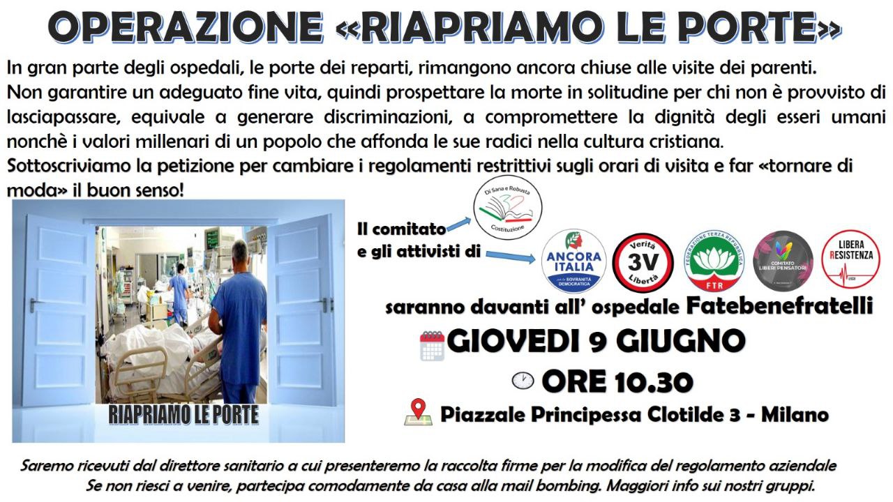 Operazione "Riapriamo le porte", il comitato "Di Sana e Robusta Costituzione" festeggia la liberazione dell' ASST Fatebenefratelli-Sacco di Milano