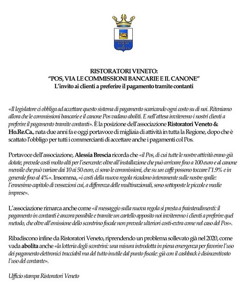 RISTORATORI VENETO _POS, VIA LE COMMISSIONI BANCARIE E IL CANONE