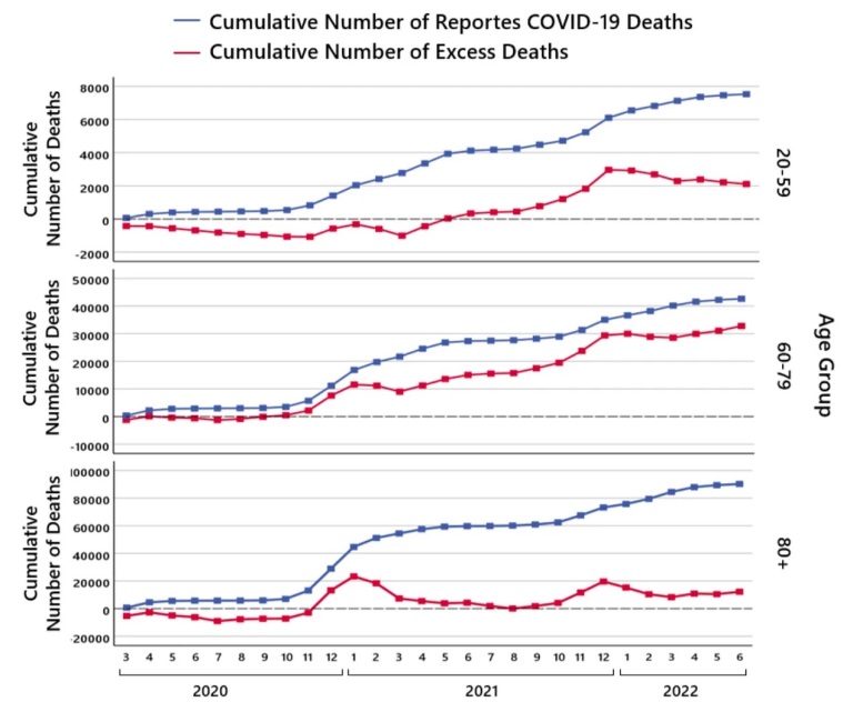 Fig. 6 Confronto tra mortalità in eccesso e decessi Covid-19, per fasce d'età