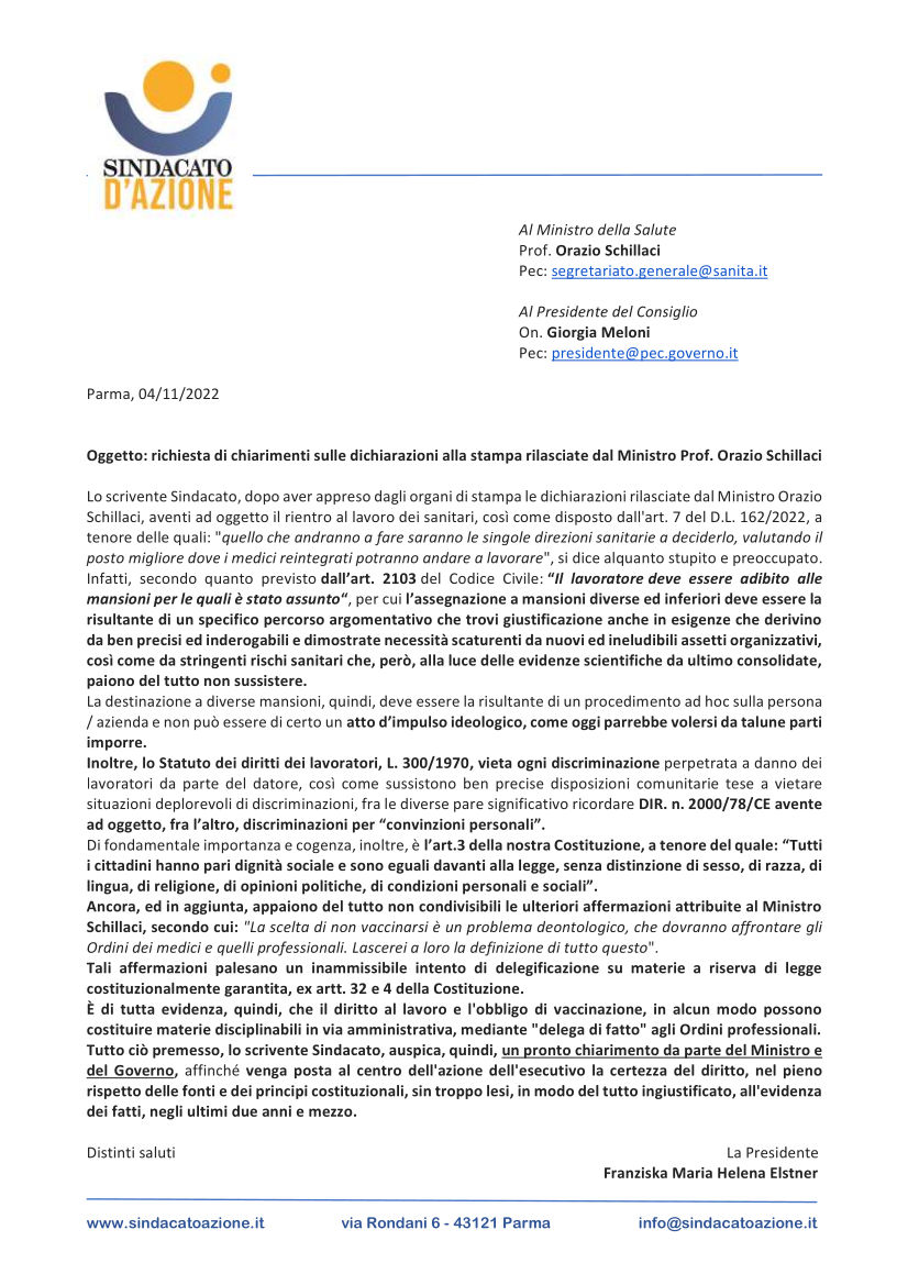 Richiesta chiarimento su dichiarazioni alla stampa del Ministro Schillaci