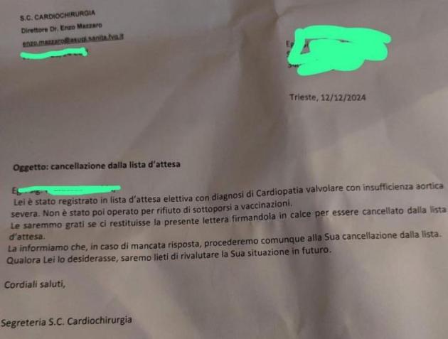 "Non fai i vaccini? Allora niente operazione"