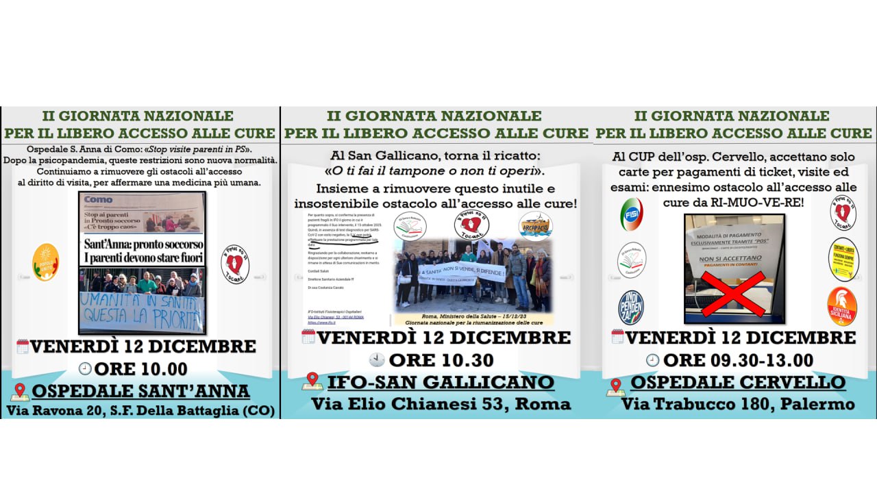Venerdì 12 dicembre: II giornata nazionale per il libero accesso alle cure a Roma, Como, Udine, Catania e Palermo