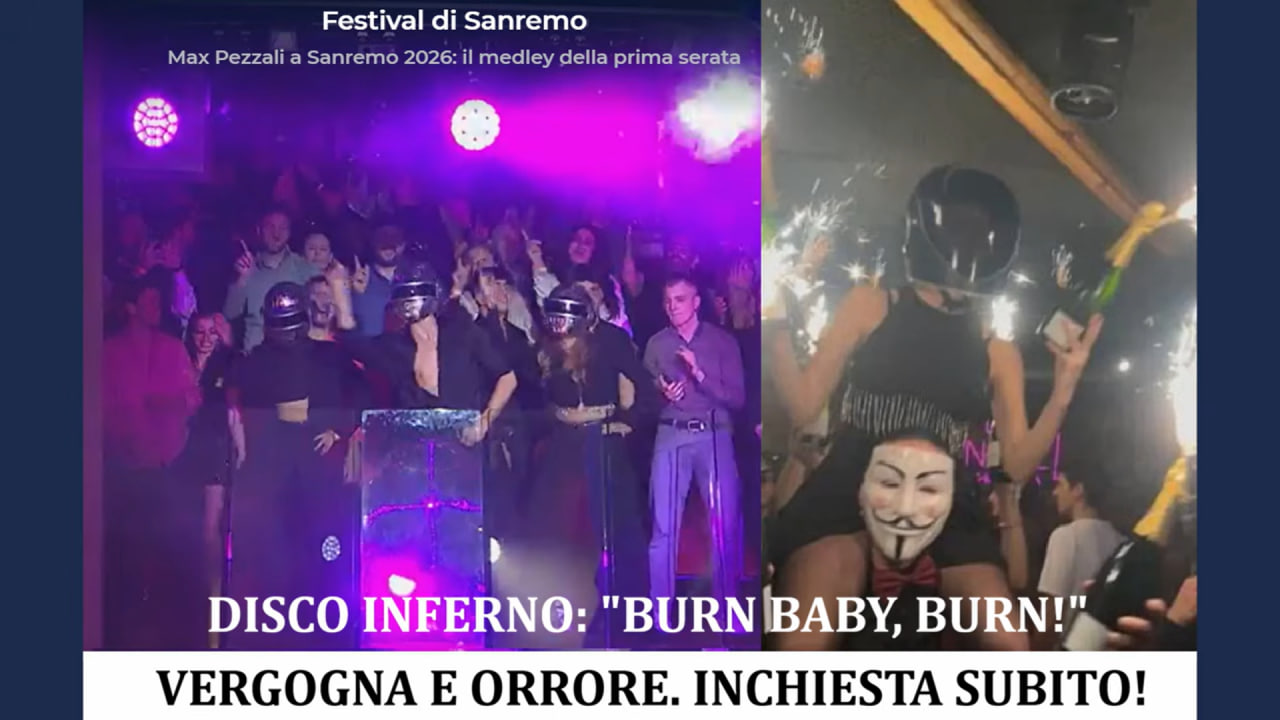 Vergogna e orrore a Sanremo: ballerini coi caschi tipo Crans Montana sul "BURN BABY BURN" ("Brucia bambina, brucia")