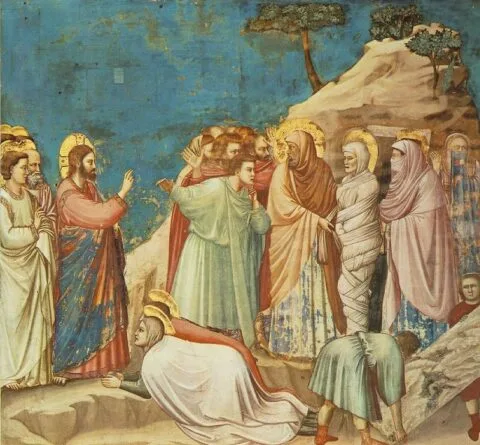 Giotto di Bondone, Resurrezione di Lazzaro, affresco, 1303-1305. Cappella degli Scrovegni, Padova. L'ordine monumentale della composizione: Lazzaro eretto, Cristo regale, la folla che si copre il volto.